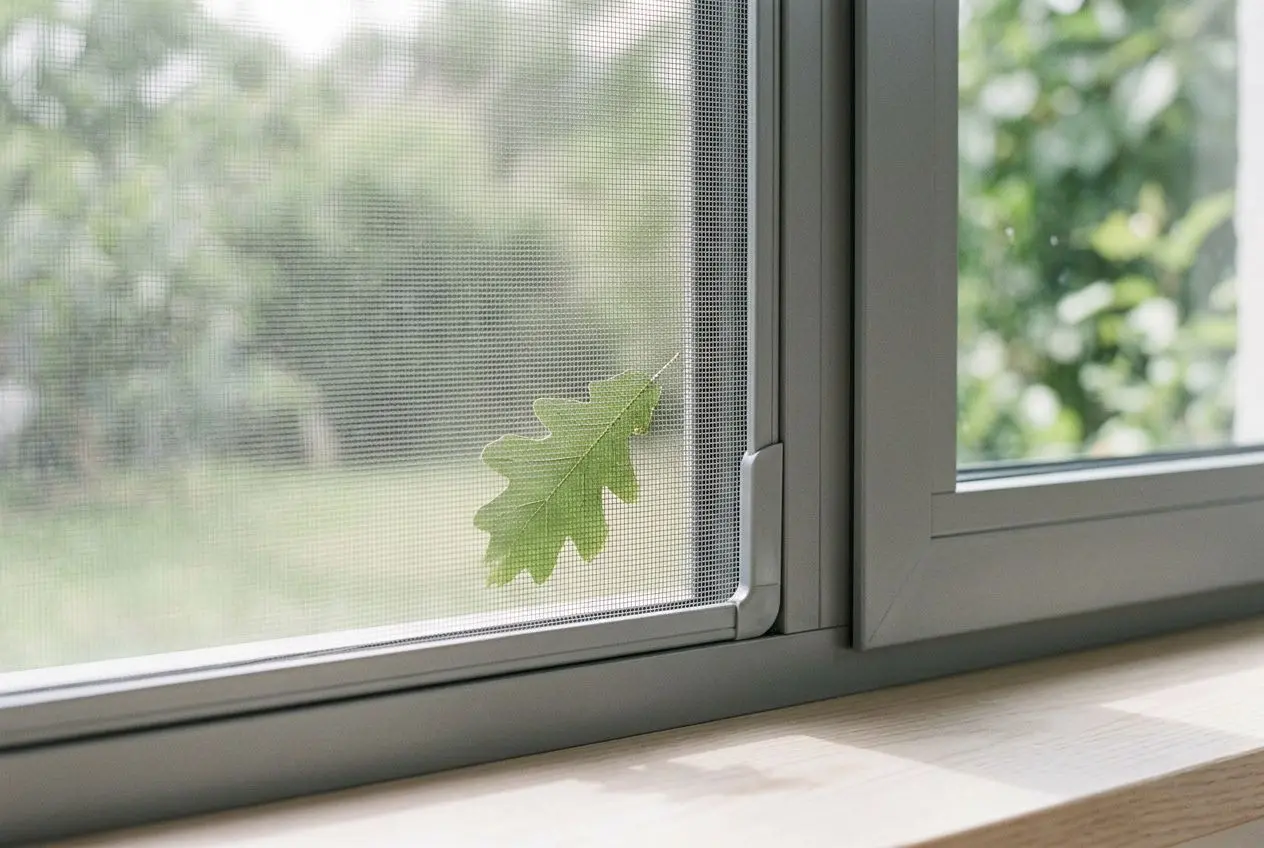 Moustiquaire fenêtre sans perçage : feuille verte collée à l’écran, cadre gris près d’un rebord en bois, vue extérieure floue de verdure.